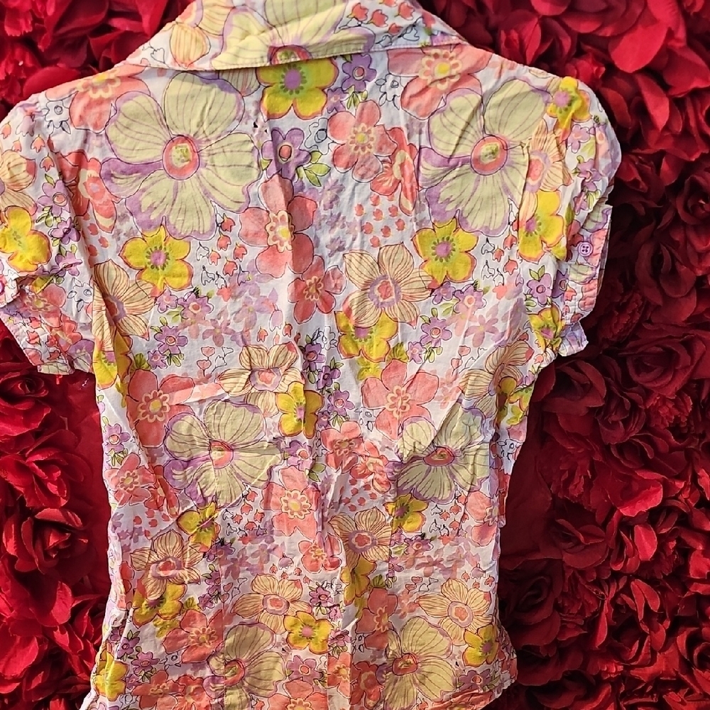 Cherokee Girl's Floral Top - Pink and Yellow Button Up Size Large 10/12 - Picture 7 of 7